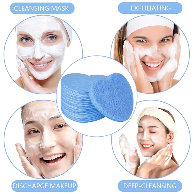 100-Count Compressed Facial Sponges for Estheticians Heart Shape Natural Cellulose Sponge Professional Cosmetic Spa Sponges for Face Cleansing, Massage, Pore Exfoliating, Mask, Makeup Removal, Blue