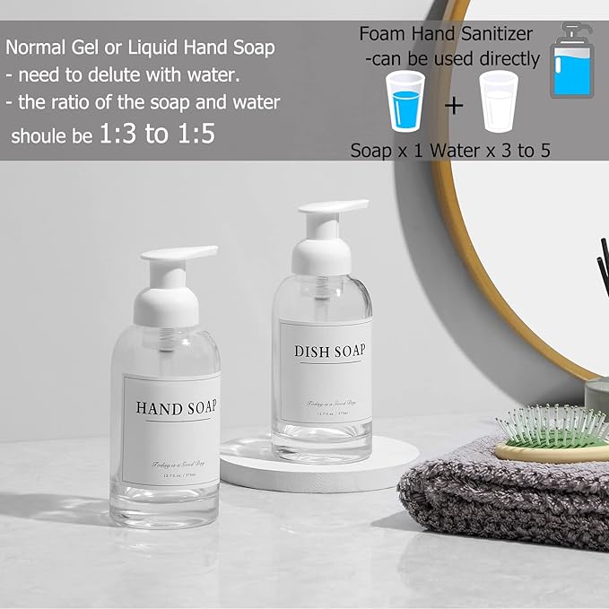 rejomiik 2 Pack Foaming Soap Dispenser Thick Glass Foam Hand Soap Dispenser for Bathroom or Kitchen Sink, 13 oz Clear Pump Bottles for Hand soap, Body Wash, White
