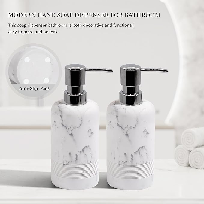 Resin Soap Dispenser Sets, 2 Pcs Heavy Lotion Dispensers,10.8oz Refillable Liquid Soap Dispensers with Rust-Proof Pump for Bathroom Countertop or Kitchen, Artificial Marble White