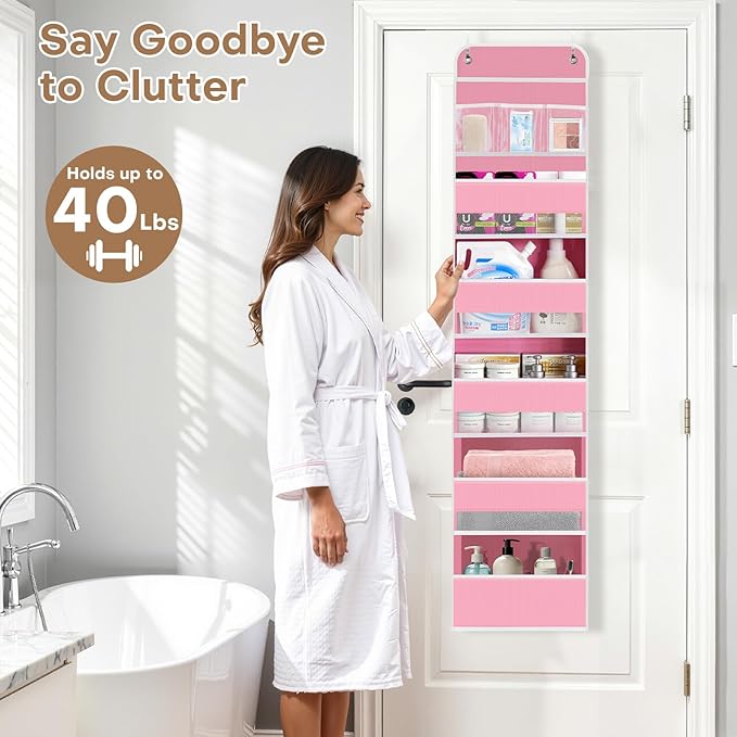 SpaceWhisper Over the Door Organizer, 6 Large Pocket Hanging Storage Organizer with 40lb Capacity, Space Saving for Nursery, Bathroom, Bedroom, Closet - Baby Essentials & Toiletry Organizer (Pink)