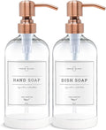 Vine Creations Clear Glass Soap Dispenser, 2 Pack Kitchen Soap Dispenser Set with Stainless Steel Pump, 16 oz Dish Soap and Hand Soap Dispensers for Bathroom with Waterproof Labels