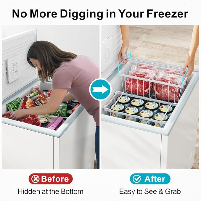 iSPECLE Chest Freezer Organizer Bins - Fits 7 Cu.Ft Deep Freezer, 6 Pack Stackable Wire Baskets(14.7" Length), Heavy Duty Coated Freezer Organizer, Rust Resistant for Frozen Food Sorting, White