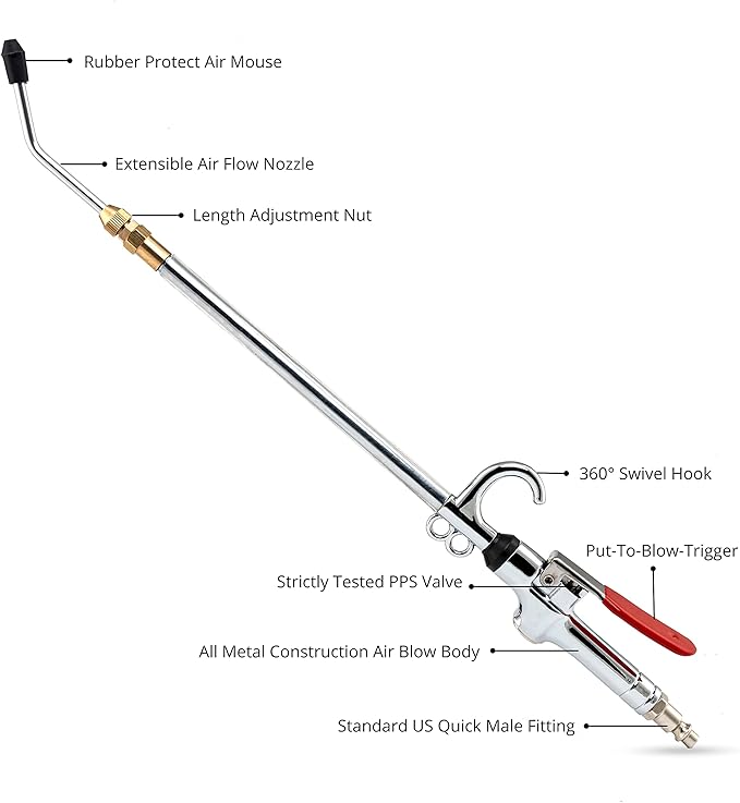 NEIKO 31122A High Flow Air Blow Gun, 17-26 Inch Extensible Air Nozzle Blow Gun, Pneumatic Air Compressor Accessories, Blow Gun Air Tool, Operating Pressure 80-120 PSI, 360 Degree Swivel Hook
