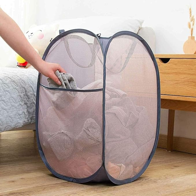 Larpur 2 Pcs Popup Mesh Laundry Baskets, Collapsible and Portable Clothes Washing Laundry Hampers with Reinforced Carry Handles, Gray Clothes Hamper for Home, Travel, College Dorm