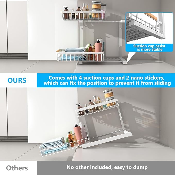 Under Sink Organizers,5 Adjustable Height，Metal Pull Out Under Sink Organizers and Storage Shelves with Sliding Drawer, White 1pack（Hight 13.6″-16.9″）