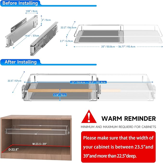 Pull Out Cabinet Organizer, Heavy Duty Steel Metal Roll Out Shelves for Kitchen Cabinets, Adjustable Cabinet Pull Out Shelves For Cabinets Capacity Heavy Duty Caddy, 23~39.8"W x 22.5"D. 2Pack