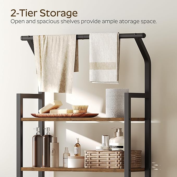 2-Tier Over The Toilet Storage, Multifunctional Vertical Over Toilet Bathroom Organizer, Freestanding Bathroom Storage Shelves with Hooks, Bathroom Organizer, Rustic Brown and Black TR01BR