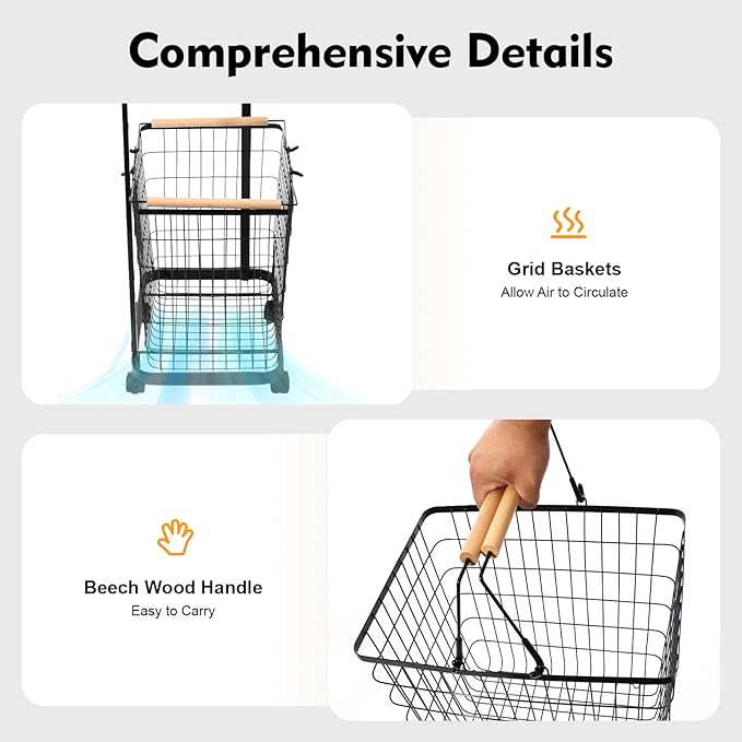 Laundry Basket with Wheels, 2 Tier Removable Wire Laundry Cart, Vertical Laundry Sorter, Rolling Hamper Dirty Clothes Hamper Organizer for Laundry Room, Bathroom, Bedroom, School (Black)
