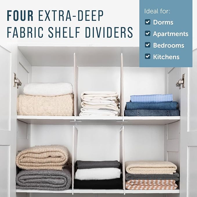 Maplefield Fabric Shelf Dividers - Versatile Towel Organizer for Closet - Dividers for Sweaters on Shelves - Slide-On Setup for Closet Organization - Pack of 4, 12 x 9.5 in