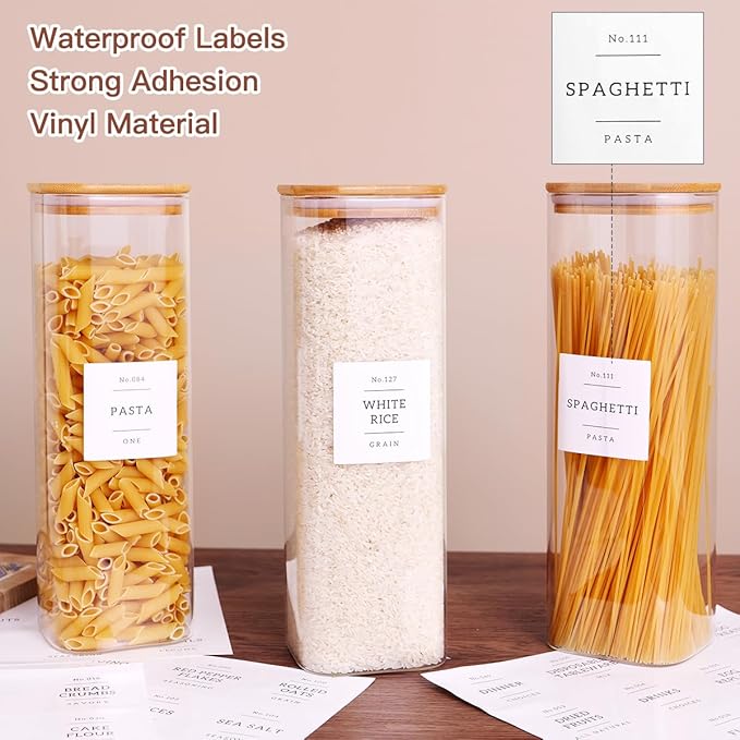 3 Pack Square Kitchen Storage Jars with Airtight Bamboo Lids and 132 Pantry Labels - 80oz Glass Canisters with Wood Lids - Food Storage Containers for Spaghetti, Pasta, Fettuccine