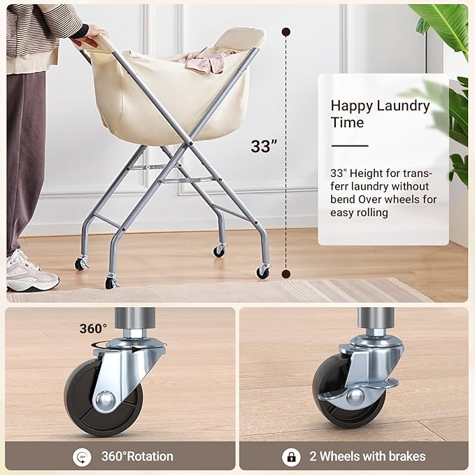 ELYKEN Laundry Cart with Wheels, 33”H Easy Rolling Laundry Hamper with Removable Liner Bag, Sturdy Metal Frame Clothes Basket with 4 Casters and 2 Brakes