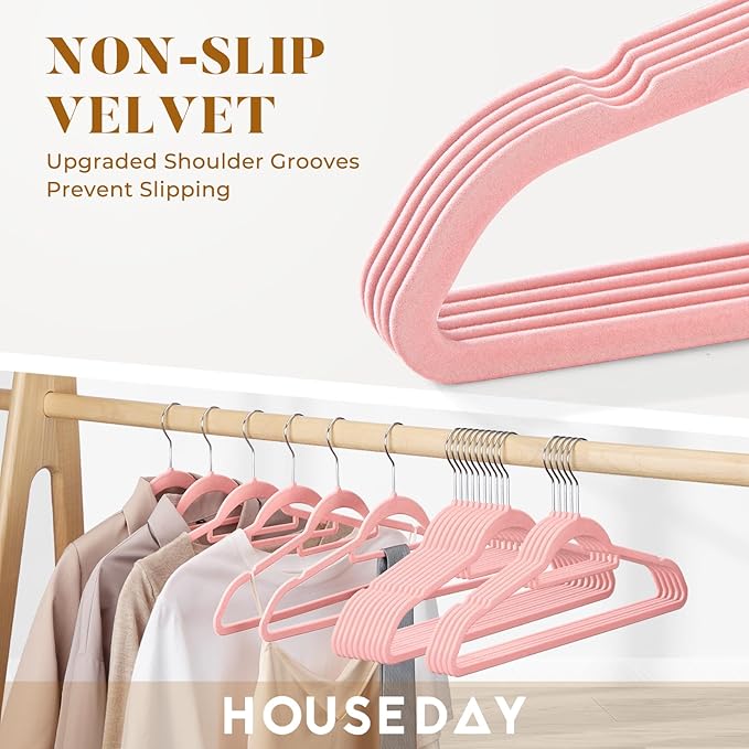 HOUSE DAY Velvet Hangers 20 Pack, Non-Slip Hangers with Tie Bar, Premium Standard Clothes Hangers Slim Felt Hanger 360° Swivel Hook for Closet Organized Storage Elegance Pink 72g/Pc