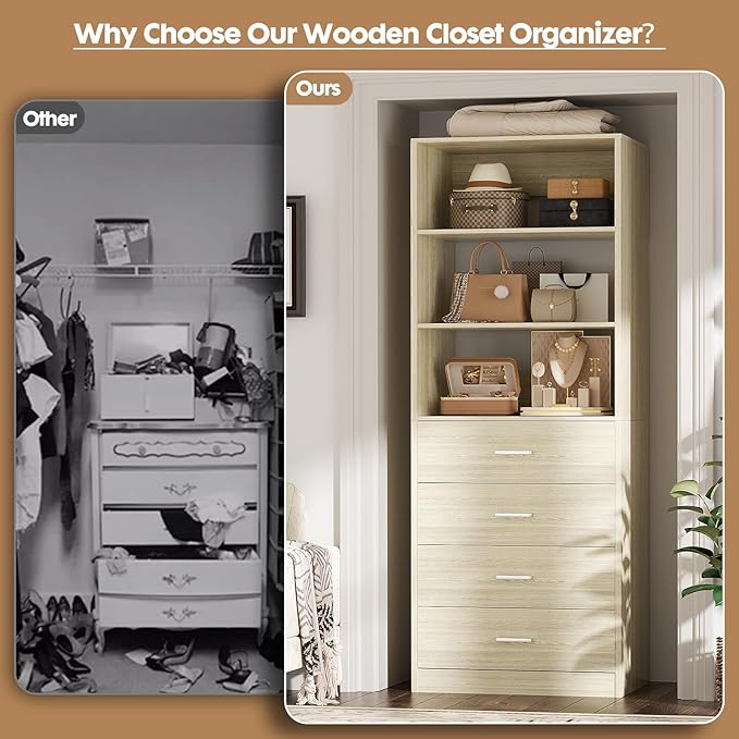 Aheaplus Closet Drawers Organizer System, 21.3" Wood Closet System with 4 Drawers, Modular Walk-in Closets Storage Unit, Tall Bookshelf Storage Cabinet, White Oak