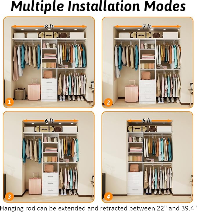 Closet System with Drawers, 5FT-8FT Closet Organizer System with Shelves & Expandable Hanging Rods, 96" Walk in Storage Closet System Wood, White