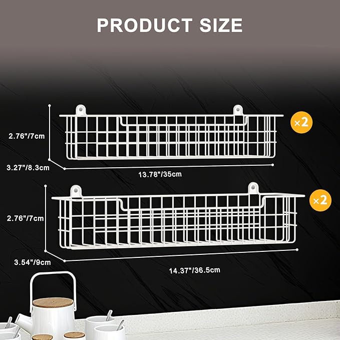 Spice Rack, 4-Pack Seasoning Organizer Wall Mount for Kitchen Storage Organization, Spice Holder Metal Shelf Saving Space for Cabinet, RV, Pantry, White