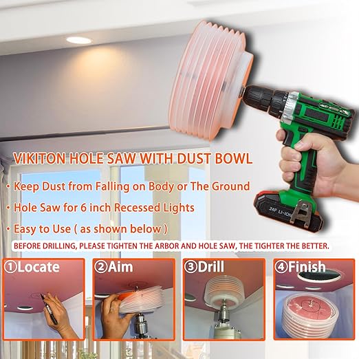 6.25 Hole Saw for Recessed Lights Can Lights, 6-1/4 Inch Hole Cutter with Dust Bowl Catcher for Led Recessed Lighting 6 Inch and Wood Metal Drywall, Bi-Metal Construction