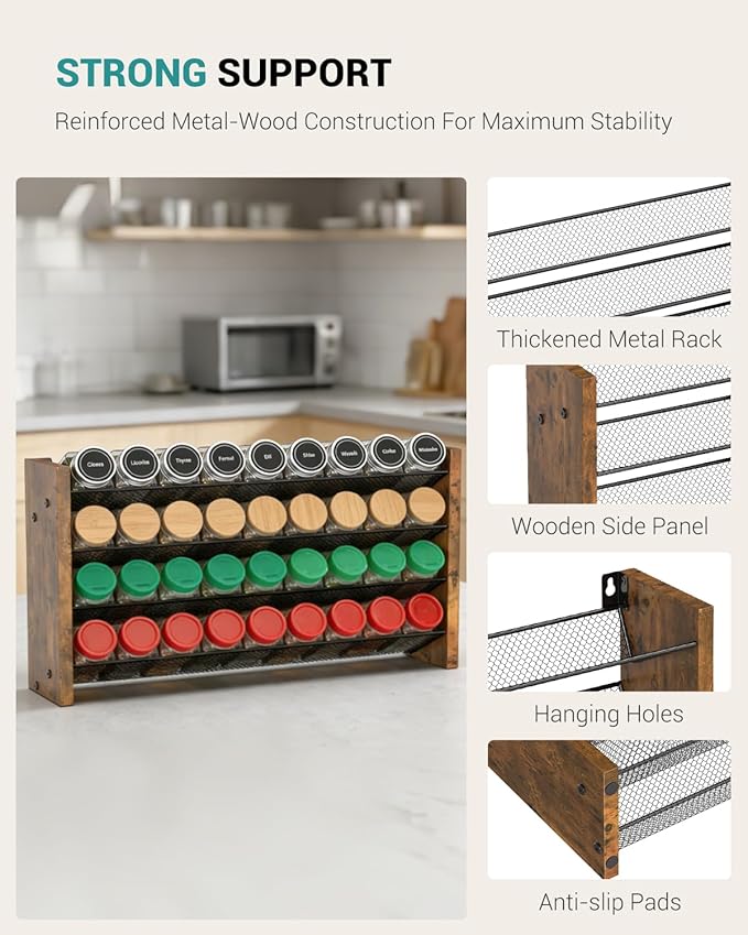 NESAPTO Spice Rack Organizer for Cabinet, Wooden 4 Tier Vertical Seasoning Organizers for Kitchen Pantry, Countertop/Wall Mount, Holds 36 Spice Jars (No Jars Included), 17.2" W × 9.4" H