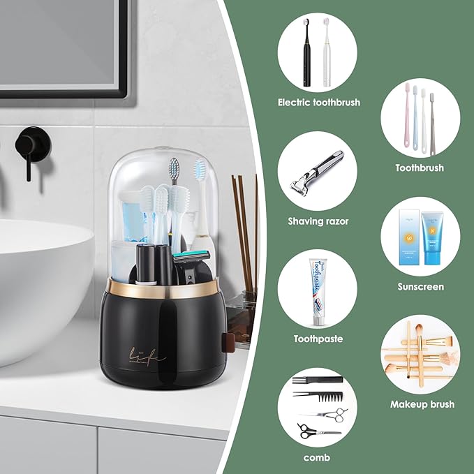 Toothbrush Holders for Bathrooms,Rotating 5-Slot with Cover and Draining Water,Kids Electric Toothbrush Holder and Toothpaste Stand Storage for Bathroom Accessories Counter Organizer Vanity