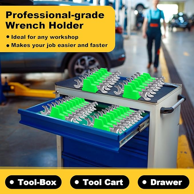 Chunful 100 pcs Modular Wrench Organizer Holder Wrench Tool Organizers Storage Racks Set with Metric & SAE Label for Tool Box Drawer Storage for Father Brother Professional Mechanics Men (Green)