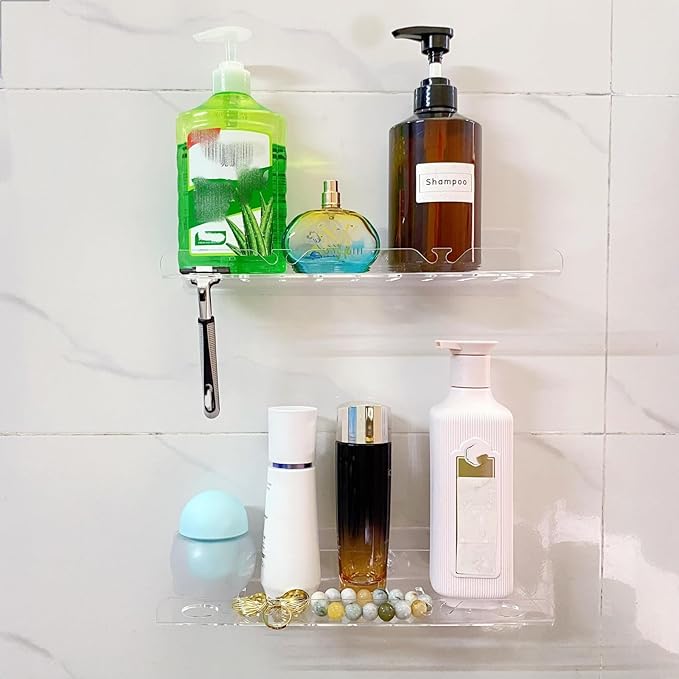 NUTNAPH Acrylic Floating Shelves, 2 Pack, 12 inch, Adhesive Bathroom Shelves, Rental Friendly Wall Shelf No Drill Shelf, Wall Organizer for Perfume, Cosmetics, Skincare, Home Decor