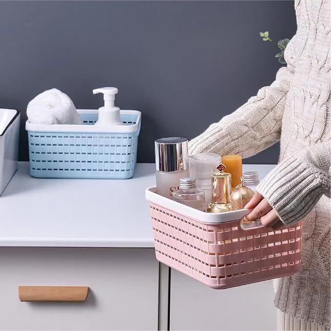 Plastic Storage Bin Baskets, Toilet Paper Basket for Bathroom, Plastic Organizer Shower Caddy with Handles for Living Room (Small Blue 2 pack)