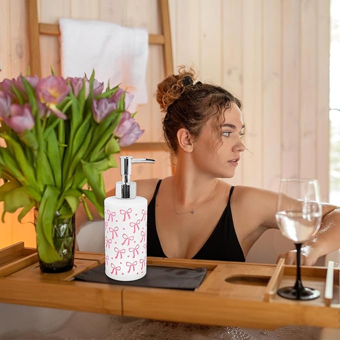 Pink Bow Soap Dispenser Coquette Bow Knot Mini Heart Glass Soap Dispenser with Pump Refillable Liquid Soap Container for Bathroom Kitchen Countertop Decor