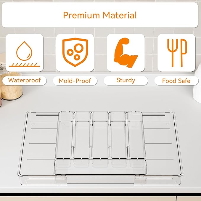 Yieach Large Clear Expandable Silverware Drawer Organizer for Kitchen,BPA FREE Adjustable Utensil Drawer Organizer and Silverware Tray,Plastic Flatware Organizers,Cutlery,Knife,Fork and Spoon Holder
