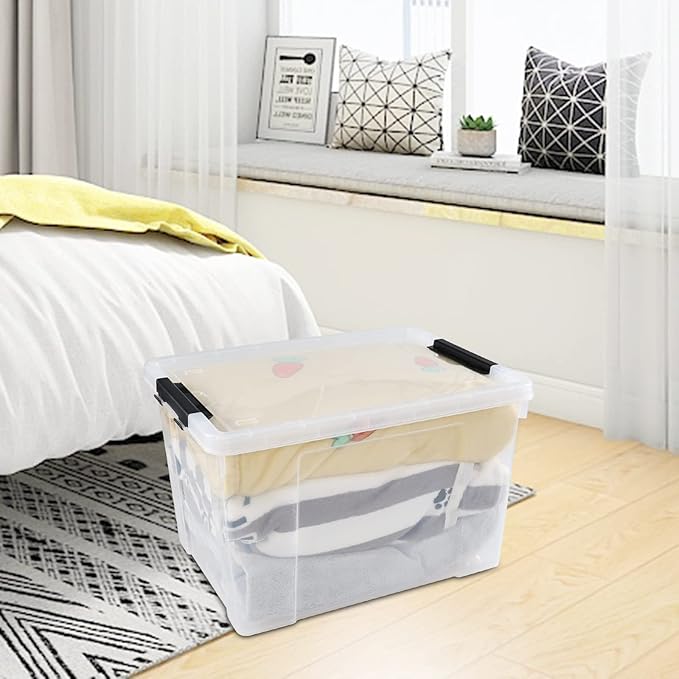 Drephia 4 Pack 50 L Large Clear Latch Storage Bin with Lid and Wheels, Plastic Storage Container Box