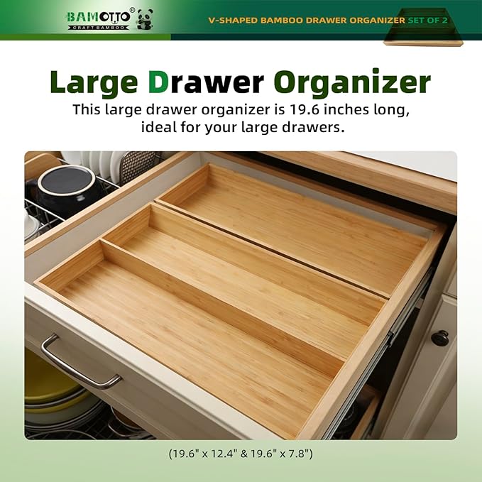 V-Shaped 2-Pack 19.6" Long Bamboo Drawer Organizer Box - Easy Reach Kitchen Utensil Flatware Silverware Cooking Tools Storage for Home Bedroom Bathroom (19.6"x12.4"/19.6"x7.8")