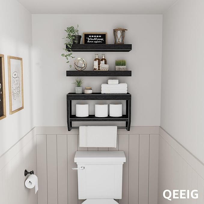 QEEIG Bathroom Floating Shelves for Wall - Shelf Over Toilet Paper Storage Farmhouse 16 inch Set of 3, Black (028-40B3)