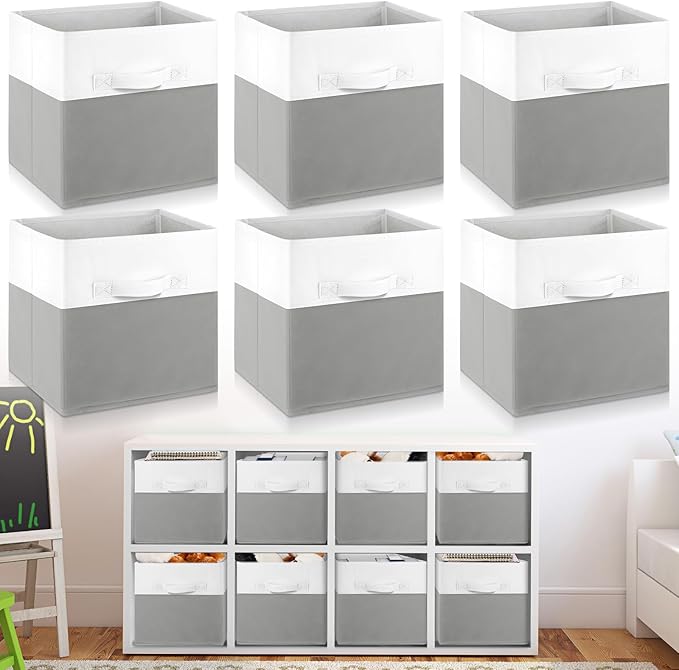 Yinder 6 Pcs Cube Storage Bin 11'' Storage Bins for Room Decor Colorful Bins Foldable Baskets for Nursery Organizer Boxes Fabric Boxes (White Gray)