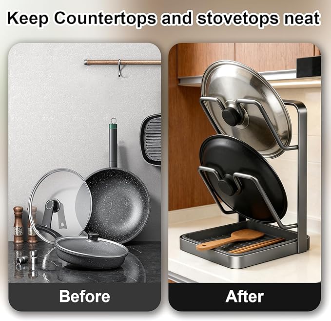 2026 Kitchen Pot Lid Storage Rack,Double-Layer Pot Lid Holder With Tray,Multifunctional Kitchen Pot Lid Organizer for Countertop