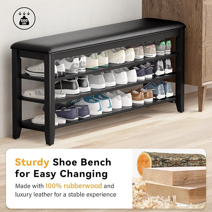 Taitiy Shoe Bench Storage Rubberwood with Leather Cushion for Entryway Bench Ideal for Hallways Shoe Rack Front Doors Entrances Mudrooms Featuring 3 Height-Adjustable and Removable Shelves