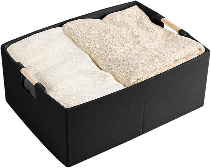 Fabric Storage Bin Box Foldable Cotton Linen Storage Basket with Wooden Handles Rectangular Cube Decorative Home Laundry Organizer Clothes Blanket Container – Black, Large