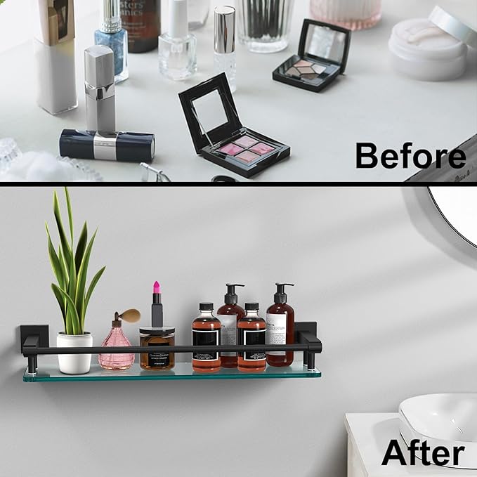 SFGSOWOR Bathroom Glass Shelf 20IN Rectangular Stainless Steel Tempered Glass Shelves Modern Stainless Steel Wall Mount Bathroom Shelf (Matte Black, 20‘’)