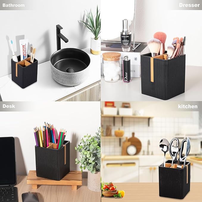 rejomiik Toothbrush Holders for Bathrooms Countertop, 3 Slots Electric Tooth Brushing and Toothpaste Storage Organizer Stand for Toiletries and Beauty Accessories, Black
