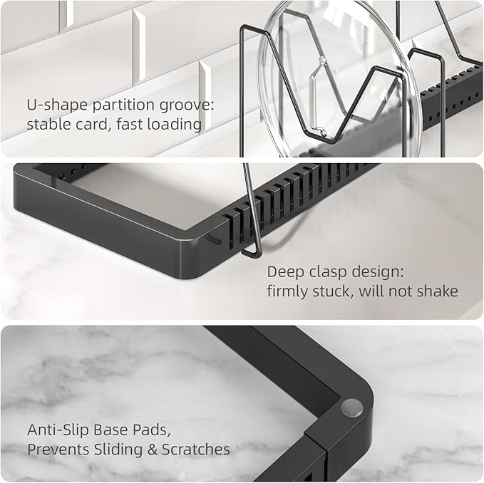 Pots and Pans Organizer under Cabinet, Expandable Pot Lid Organizer Holder with 10 Adjustable Compartment, Pan Organizers inside Cabinet for Lids, Bakeware, Kitchen Storage Pot Rack, Black
