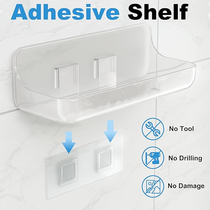 Adhesive Shower Caddy, 4 Pack Acrylic Bathroom Shelves, No Drill Wall Mount Organizer Storage Shelf