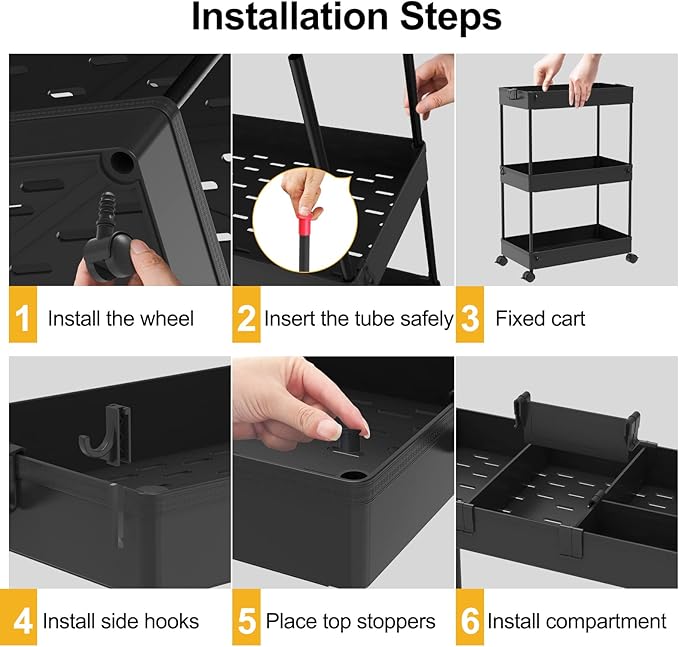 SPACELEAD 3 Tier Rolling Cart with Wheels, Storage Craft Art Trolley Organizer Serving, 3 Hanging Baskets Easy Assembly, for Office, Bathroom，Living Room, Kitchen, Black