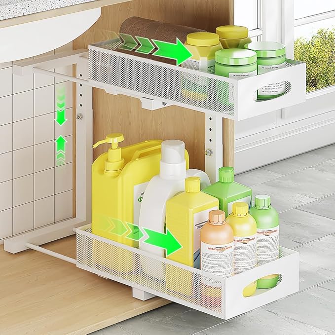 Under Sink Organizer 2 Tier, Pull Out Cabinet Storage with 5-Level Adjustable Height, Thickened Carbon Steel Sliding Under Cabinet Shelf for Kitchen, Bathroom, Laundry Room, White