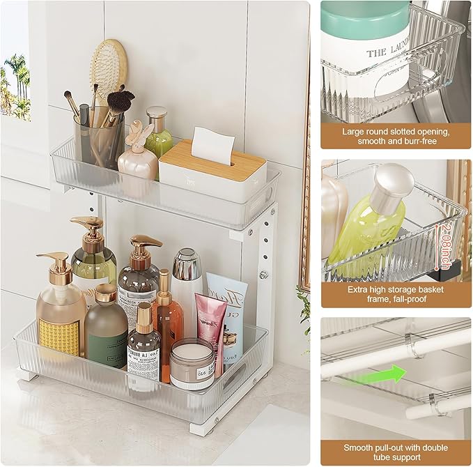ETOYA Under Sink Organizer 2 Pack Pull Out Bathroom Cabinet Countertop Organizer 2 Tier Slide Out Kitchen Organizers and Storage Bathroom & Laundry Under Under Sink Shelf- White