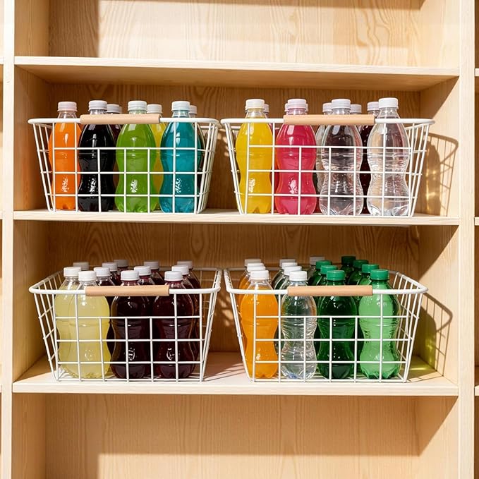 Wire Basket 2 Pcs Wire Storage Baskets Wire Baskets Organizing with Wooden Handles Wire Basket Pantry Organization and Storage Metal Wire Food Storage Basket for Kitchen, Cabinets (White 2PCS)