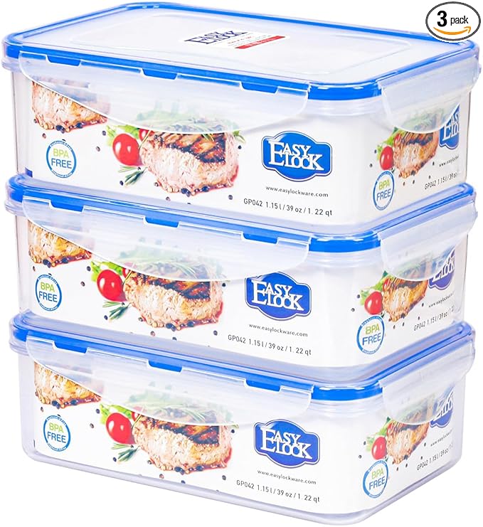 KIGI Food Storage Containers - 4-Sided Locking Airtight Lids, Leak-Proof & Stackable, Ideal for Meal Prep, Lunch & Leftovers, Microwave, Freezer & Dishwasher Safe, BPA-Free Plastic (4.8 Cup 3 PACK)