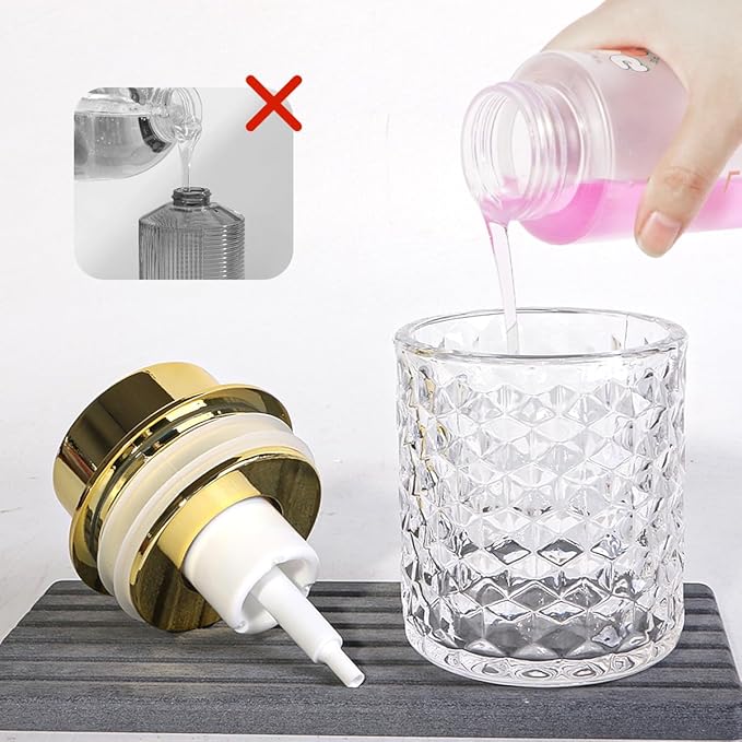 Clear Bathroom Accessories Set, 2pcs Glass Bathroom Accessory Set with Foam Soap Dispenser and Toothbrush Holder, Gold Foaming Soap Dispenser and Tooth Brush Holder for Brushes, Toothpaste