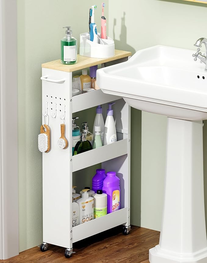 Utility Slim Storage Cart, 4-Tier Narrow Laundry Room Bathroom Organizers and Storage Cart, Metal Pantry Kitchen Organization Shelf with Wood Top, Slim Rolling Rack with Wheels for Small Space