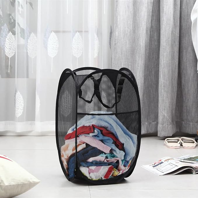 Mesh Pop up Laundry Hamper with Portable, Durable Handles, Collapsible Laundry Basket for Storage, Folding Pop-Up Clothes Hampers for Home, College Dorm or Travel, Cruise, Black