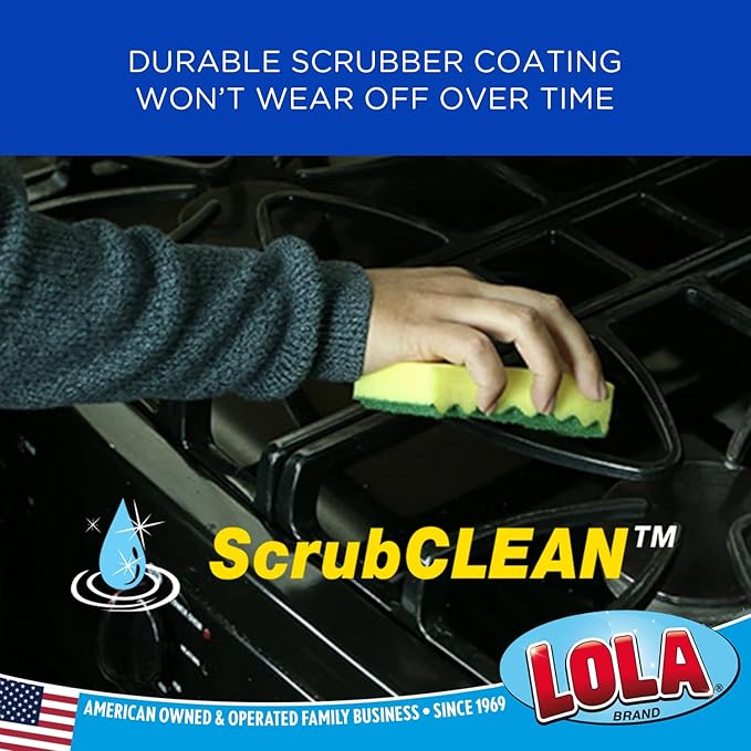 LOLA Heavy Duty Scrub Sponges, 2 Pack, Made in USA, Superior Sponge Lasts up to 4X Longer, Reusable Long Lasting, Next Generation Cleaning