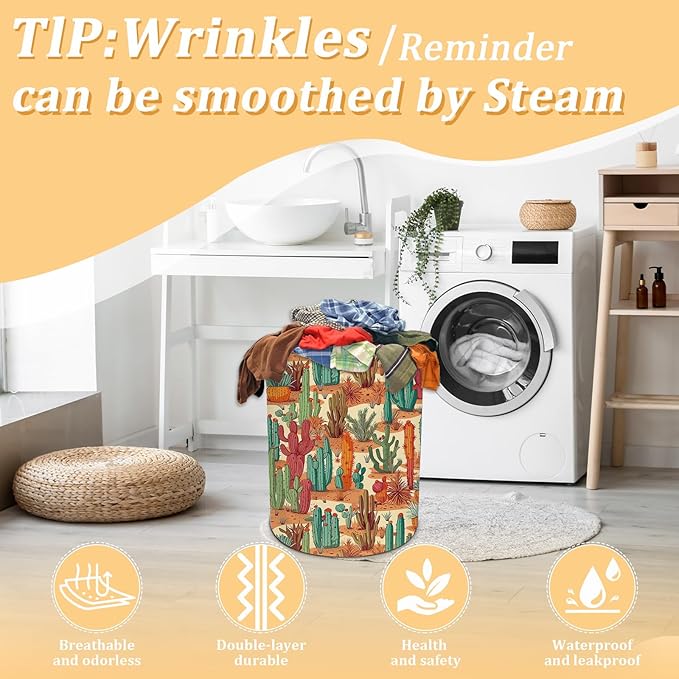Tropical Cactus Laundry Basket, Foldable Waterproof Oxford Cloth Laundry Hamper Funny Tote Bag Dirty Clothes Storage Bucket Toy Organizer for Bathroom/Laundry/Bedroom 15.7"x19.6"