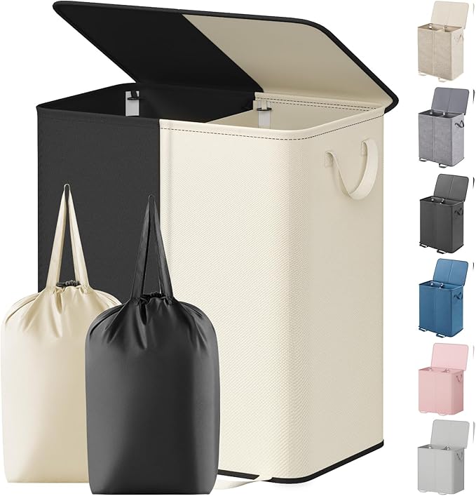 Lifewit Double Laundry Hamper with Lid and Removable Laundry Bags, Large Collapsible 2 Dividers Dirty Clothes Basket with Handles for Bedroom Laundry Room Closet Bathroom College, 155L White&Black