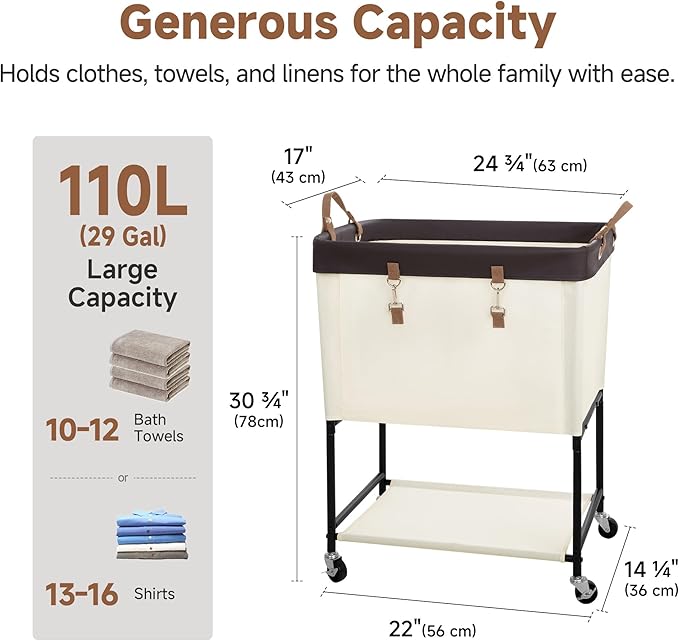 StorageWorks Laundry Cart, 2 Tier Rolling Laundry Basket, Heavy Duty Laundry Basket with Lockable Wheels, Laundry Room Organization and Storage, Clothes Hamper for Bedroom, Dorm, Closet, 29Gal, Beige
